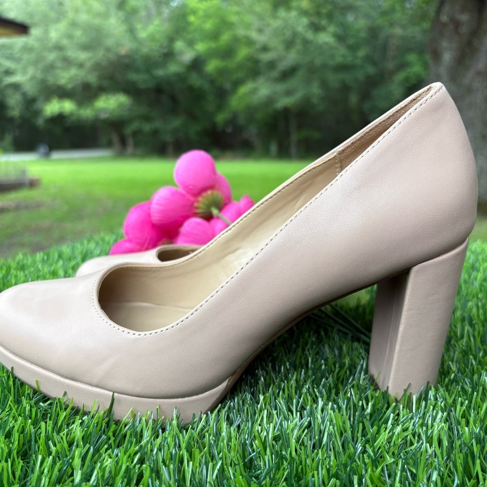 NATURALIZER BLOCK 4" HEEL PLATFORM 7.5 TAN TAUPE CREAM ROUND TOE 1/2" PLATFORM - Picture 7 of 12